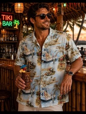 Men's Light Blue Hawaiian Short-Sleeve Camp Shirt